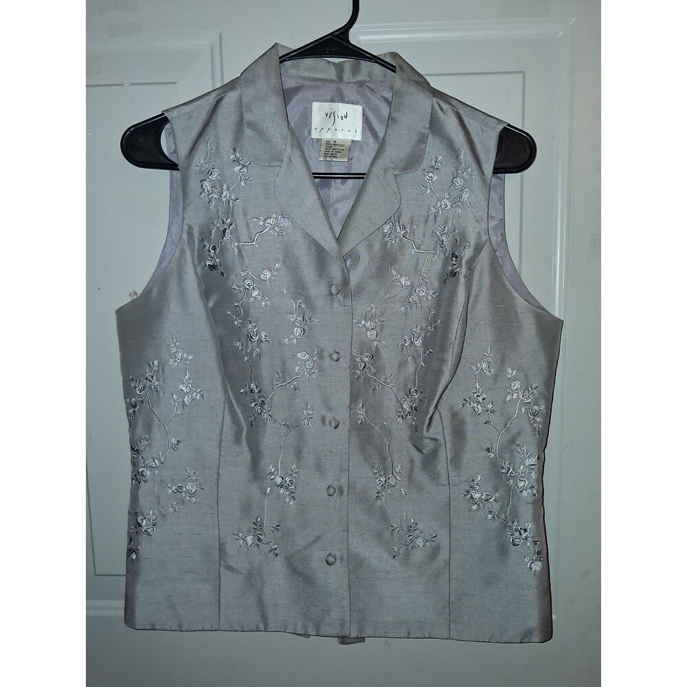 Vision Apparel Embroidered 100% Silk Vest Gray Women's Medium